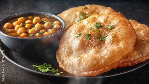 Chole bhature indian food isolated on dark background with smoke