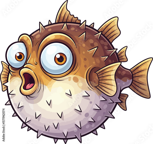 Frightened Cartoon Pufferfish Inflated - Humorous Sea Animal Clipart