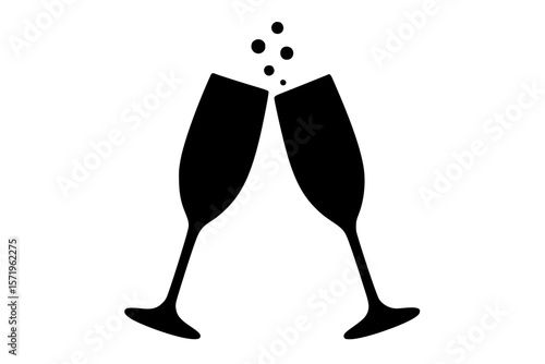 Silhouette of clinking champagne glasses, black color on white background