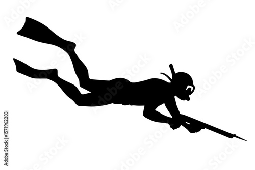 Silhouette of a Diver Swimming with Speargun