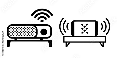 A clean and modern vector icon set depicting wireless routers, Wi-Fi signals, and connected smart devices. Perfect for UI design, ISP websites, mobile apps, and tech blogs that deal with wireless comm
