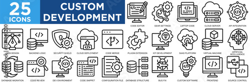 custom development, design, programming, concept, computer icon set. Outline icons collection. Simple vector illustration