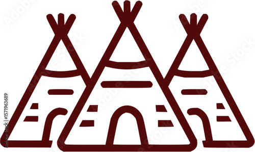 Illustration of three teepees in a row with a dark red outline on a white background shown close up