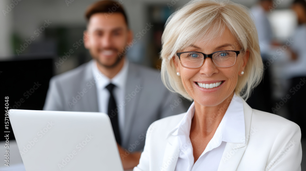 Smiling businesswoman with glasses and laptop in office setting, professional atmosphere Smiling businesswoman with glasses and laptop in office setting, professional atmosphere