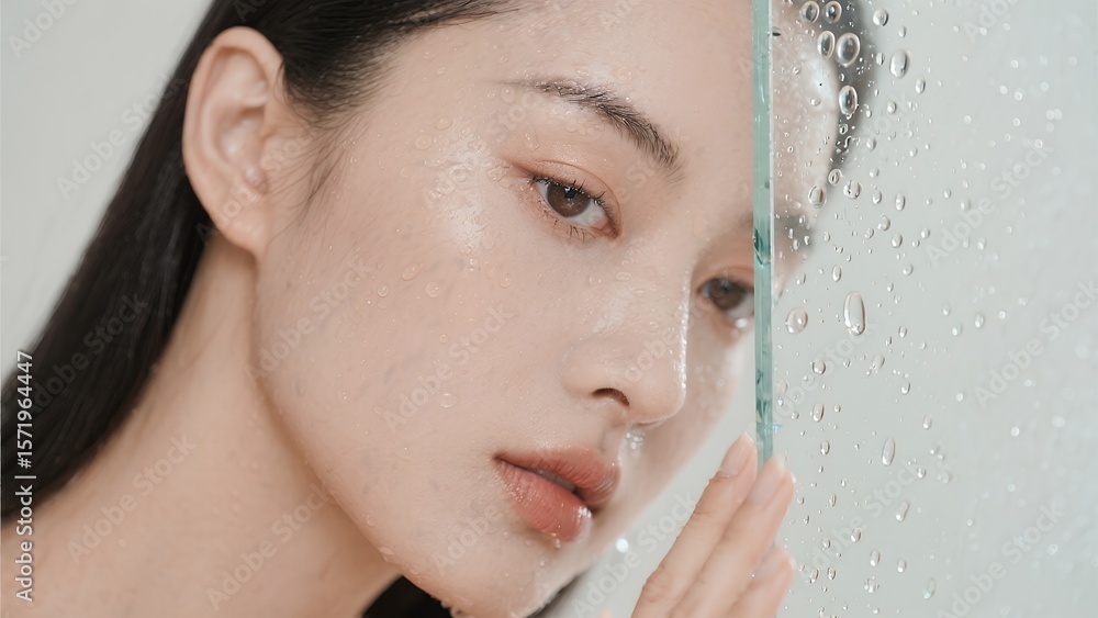 Naklejka premium ガラスと水滴に濡れた女性の横顔