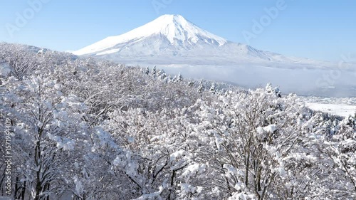 山梨県忍野村の二十曲峠より望む朝日に溶ける森の雪と富士山（60P、ループ映像）