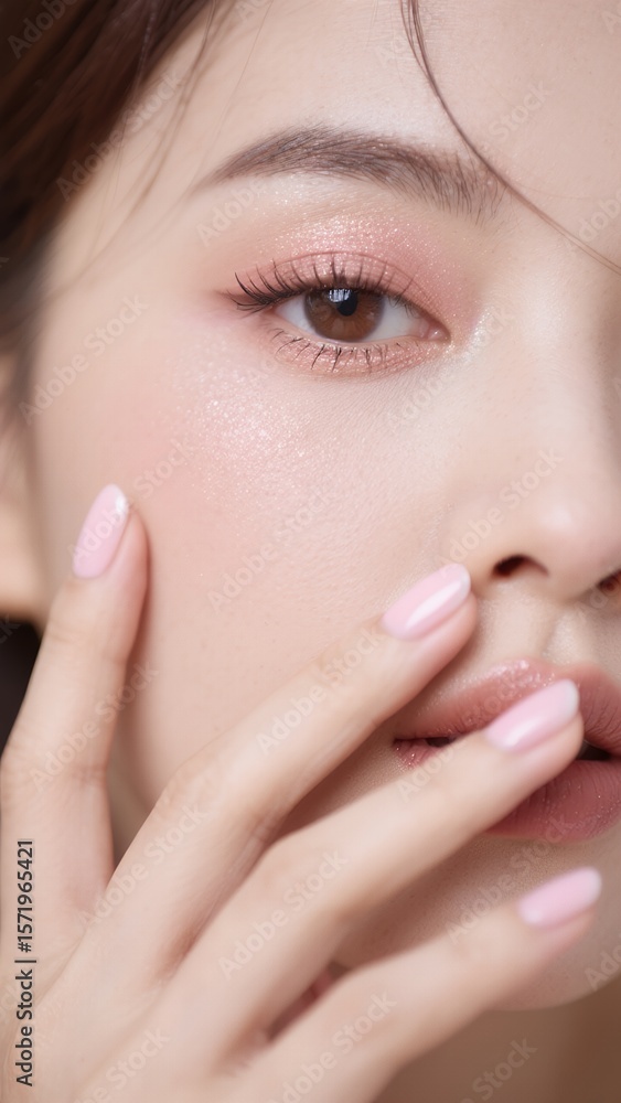 Obraz premium ピンクのネイルとアイメイクのクローズアップ
