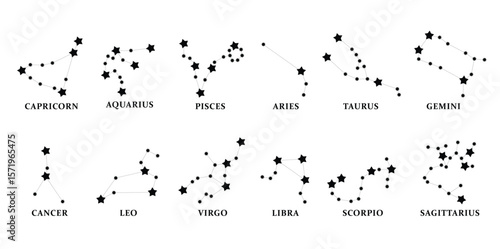Zodiac signs constellations silhouette clipart set. Horoscope astrology outline of stars icon constellation clip art like Capricorn, Aquarius, Pisces, Aries and Taurus collection element vector 