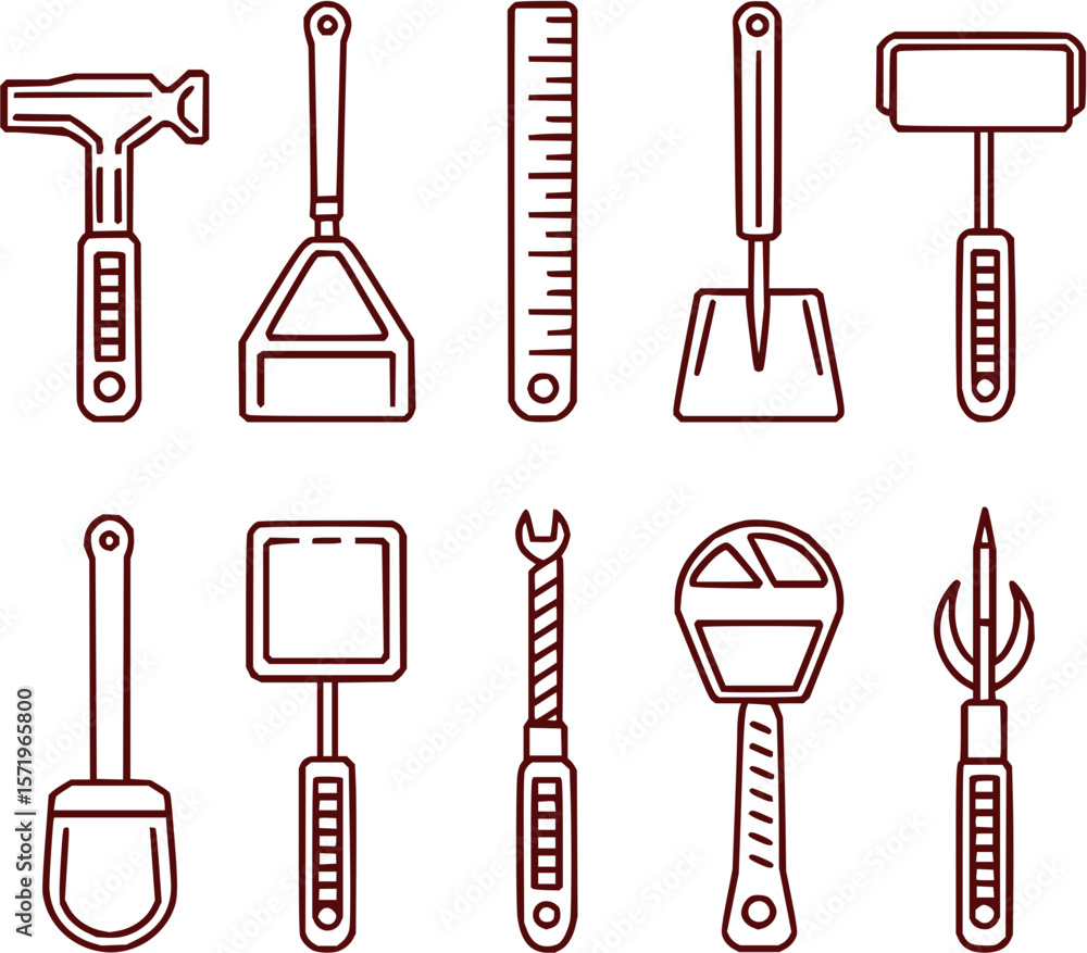 Obraz premium Illustration of various tools including a hammer, ruler, wrench, and spatula outlined in brown color