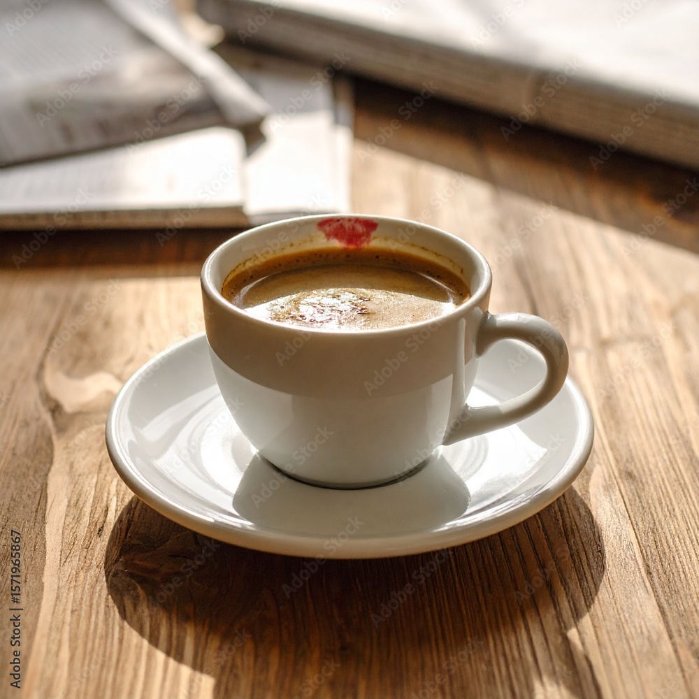A cup of coffee rests on a saucer, beside a newspaper, bathed in sunlight on a wooden table. A cup of coffee rests on a saucer, beside a newspaper, bathed in sunlight on a wooden table.