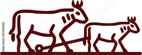 Illustration of two oxen pulling a plow in a simple line drawing style with a brown color scheme