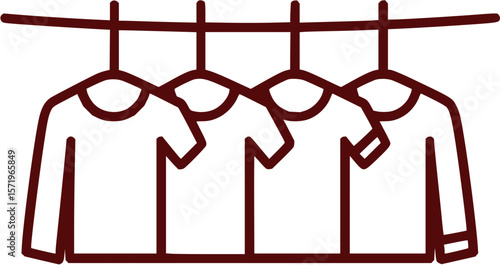 Four shirts hanging on a clothesline with hangers, brown outline and white fill, simple vector style