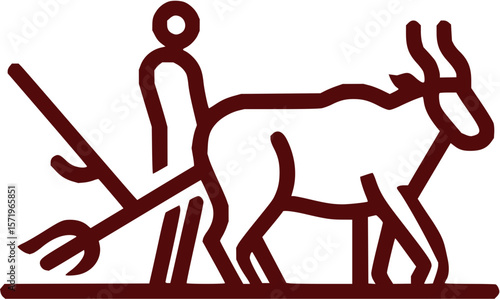 Stylized drawing of a farmer with a pitchfork and an animal in brown outline on a white background