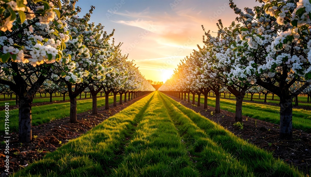 Naklejka premium Orchard Blossoms at Sunset with Green Grass Path in Spring