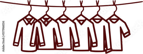 Six shirts hanging on a clothesline with hangers in a row laundry day washing line clothes drying