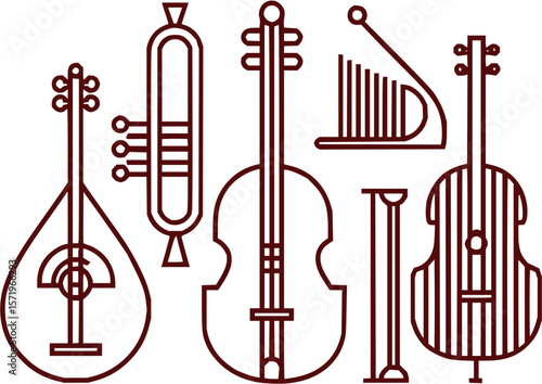 Illustration of various string and wind musical instruments in a simple outlined style design art work