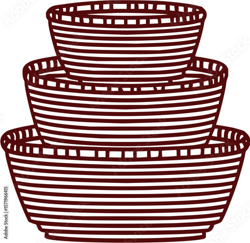 Illustration of three brown woven baskets stacked on top of each other in a triangular arrangement
