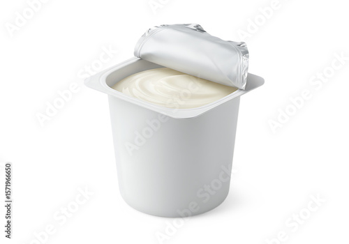 Open white yogurt cup with silver foil lid Isolated on transparent background
