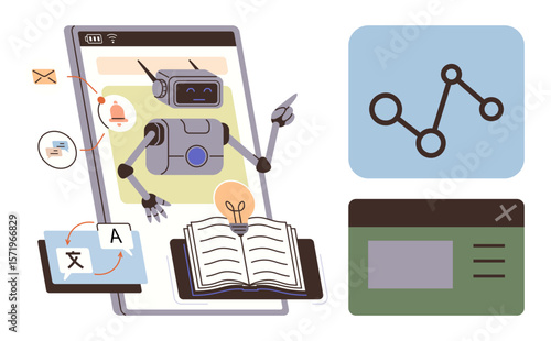 Robot navigating through apps, analyzing charts, translating documents, and reading on an active phone. Ideal for AI solutions, automation, data analysis, machine learning, tech innovation