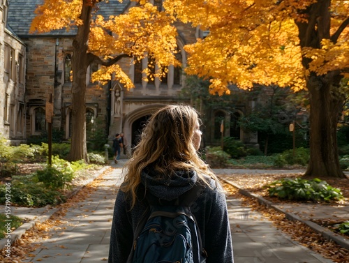 Woman with backpack walks towards campus building with trees and autumn foliage in the background now.
