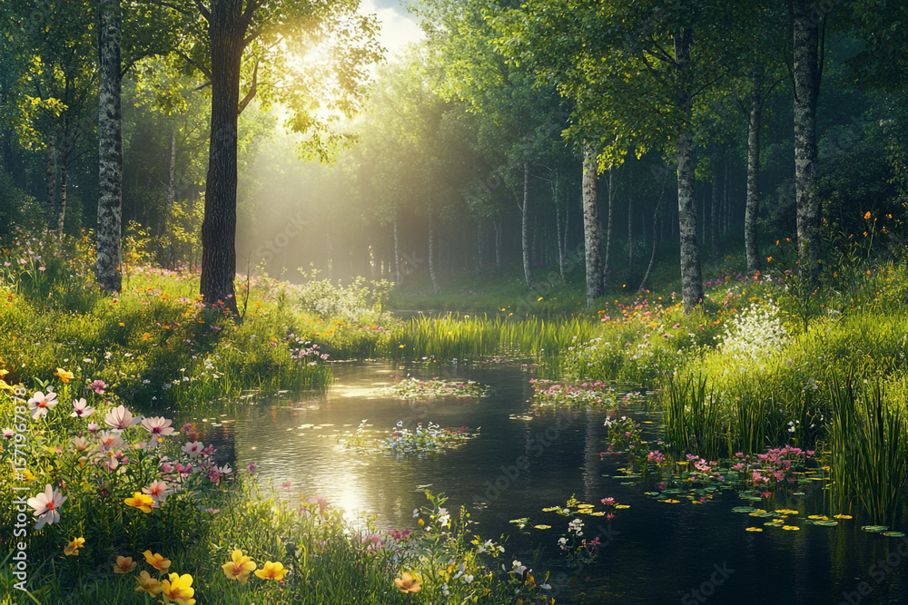 Fototapeta premium Sunlit Forest Clearing with Blooming Wildflowers and Tranquil Pond
