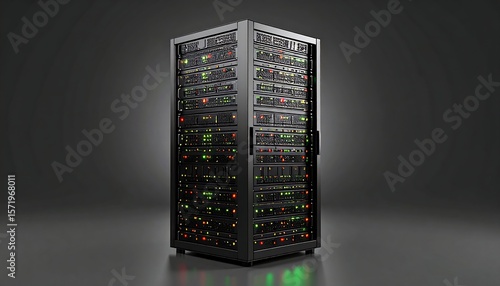 Dark gray server rack with illuminated components