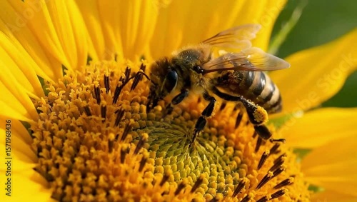 A bee gathers pollen from a bright yellow sunflower on a sunny day.