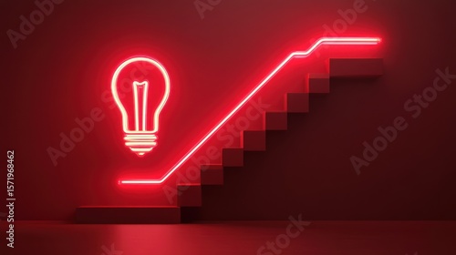 Neon red lightbulb and staircase, symbolizing progress
