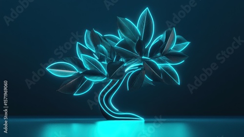 Neon blue glowing stylized tree on dark background
