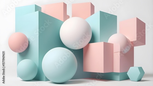  Abstract 3D shapes (like cubes or spheres) in soft pastel tones on white background — trendy and artsy for modern branding