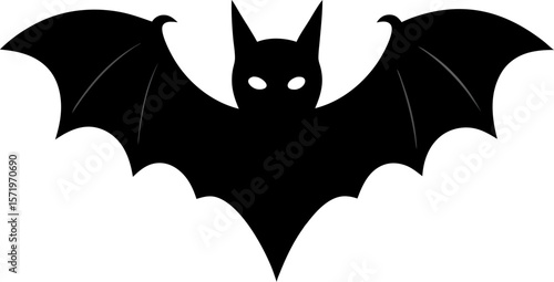Solid silhouette of a flying bat, nocturnal animal icon with white background.
