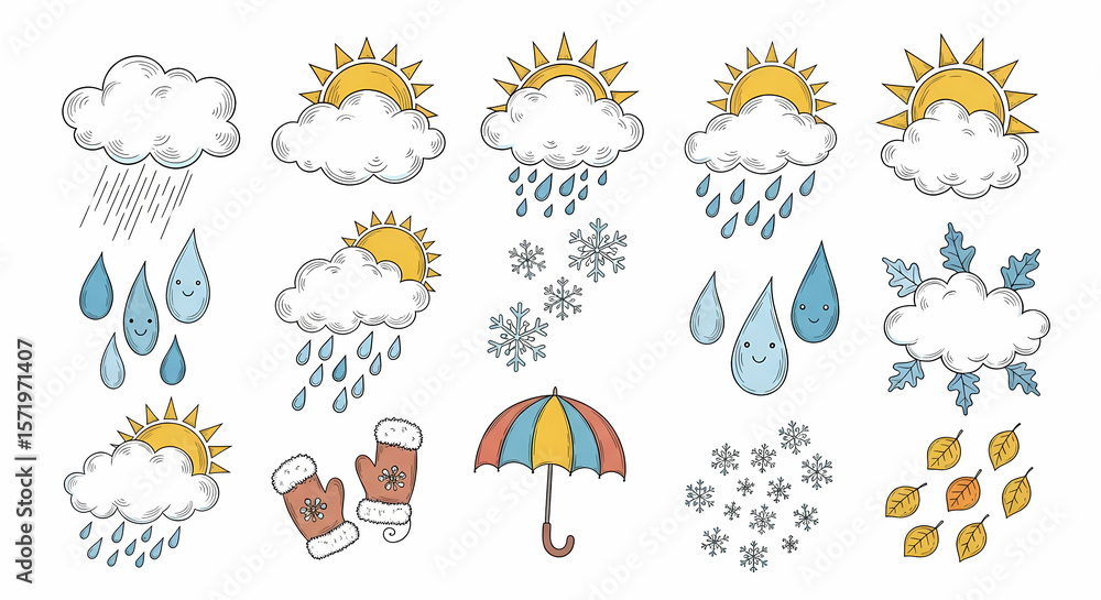 Fototapeta premium Set of charming hand drawn weather and seasonal illustrations. Doodle drawings of clouds, suns, raindrops, snowflakes, umbrellas, mittens and falling leaves. Whimsical vintage line art.