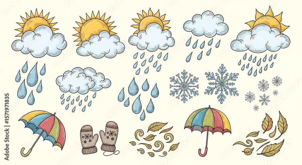 Obraz premium Set of charming hand drawn weather and seasonal illustrations. Doodle drawings of clouds, suns, raindrops, snowflakes, umbrellas, mittens and falling leaves. Whimsical vintage line art.