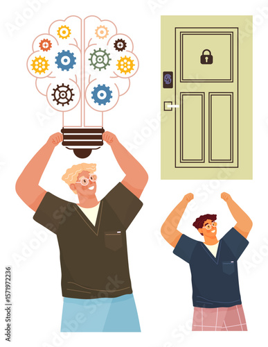 Two men lifting a light bulb filled with gears, symbolizing new ideas and solutions, near a locked door. Ideal for creativity, innovation, problem-solving, teamwork, brainstorming, strategy simple
