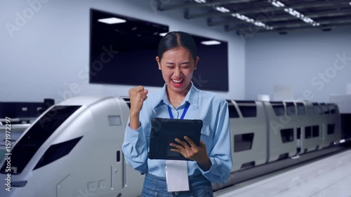 Wallpaper Mural Asian Female With Her Tablet, Futuristic High Speed Train in a Modern Testing Facility, She Raises Her Fist Up With Screaming Goal Torontodigital.ca