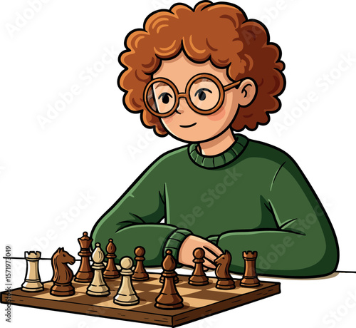 Child with curly hair playing chess board game concentration and focus vector illustration