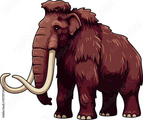 Woolly mammoth prehistoric animal with long curved tusks and thick fur vector illustration