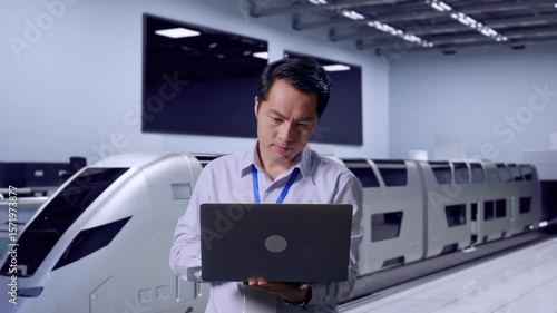 Wallpaper Mural Asian Male Professional Worker Standing With His Laptop, Futuristic High-Speed Train in a Modern Testing Facility, Work Continuously Torontodigital.ca