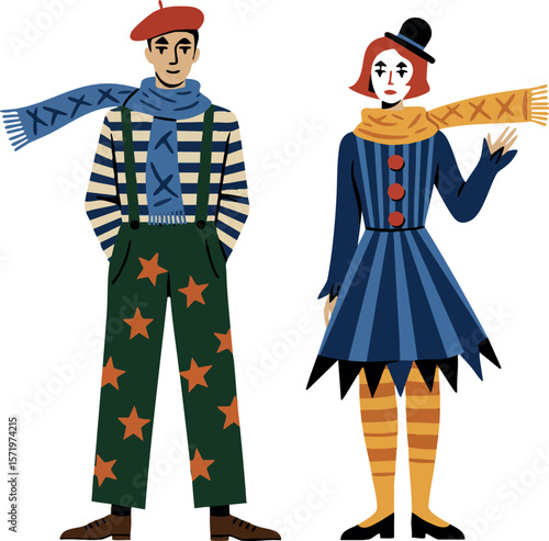 Two street performers wearing colorful scarves and vintage outfits in costume vector illustration