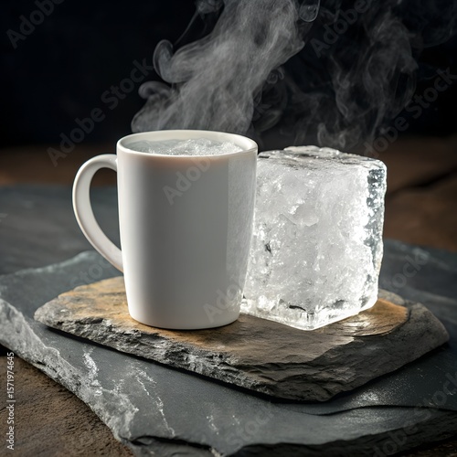hot coffee cup cooling with ice on wooden table