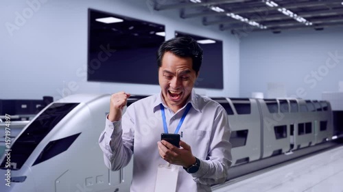 Wallpaper Mural Asian Male Professional Worker Standing With His Smartphone, Futuristic High-Speed Train in a Modern Testing Facility, He Raises His Fist Up With Screaming Goal Torontodigital.ca