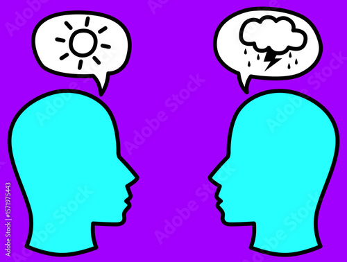 Fotografie A dual mindset conversation illustration with two profiles exchanging sunny optimism and stormy pessimism speech bubbles highlighting emotional perspectives and communication