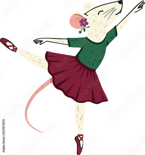 Dancing mouse wearing green top and red skirt ballet pose vector illustration