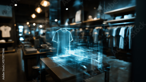 Wallpaper Mural Augmented reality shopping overlay glowing in dim store, sleek cyber-retail theme Torontodigital.ca