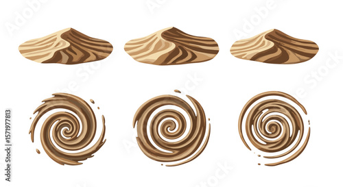 Three top view chocolate swirls and three chocolate swirl spirals on a white background art