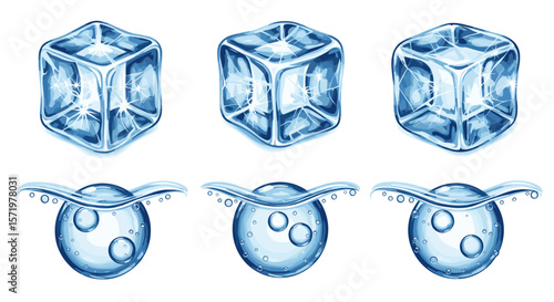 Three ice cubes and three water droplets with wings arranged in two rows on a white background