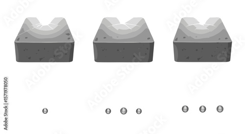Three concrete blocks with v shaped top and small oval shapes below in a grayscale arrangement view