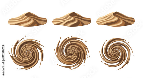 Illustration showing three sand dunes and three sand swirls arranged in two rows on white background