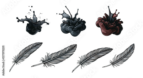 Illustration of ink blots in various forms and detailed feather illustrations in a row on white background