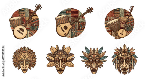 Illustrations of african musical instruments and tribal masks on patterned oval backgrounds design art
